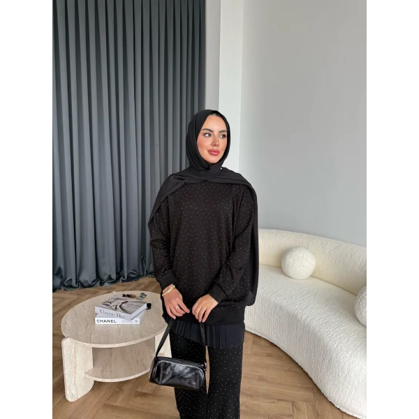 Derla Taş Detaylı Eşofman Takım - Siyah