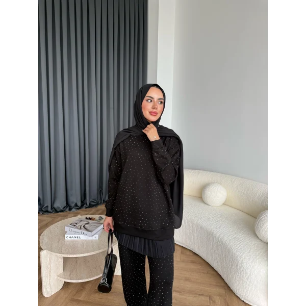 Derla Taş Detaylı Eşofman Takım - Siyah