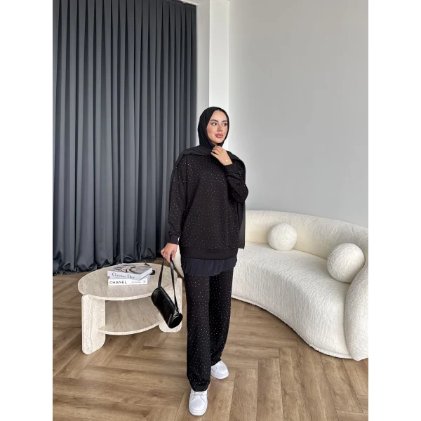 Derla Taş Detaylı Eşofman Takım - Siyah