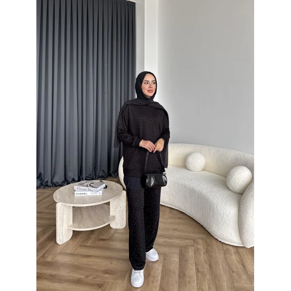 Derla Taş Detaylı Eşofman Takım - Siyah