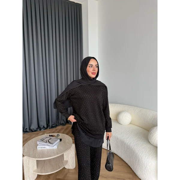 Derla Taş Detaylı Eşofman Takım - Siyah