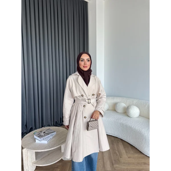 Dökümlü Trençkot - Bej