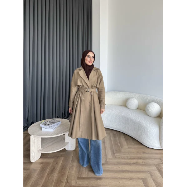 Dökümlü Trençkot - Camel