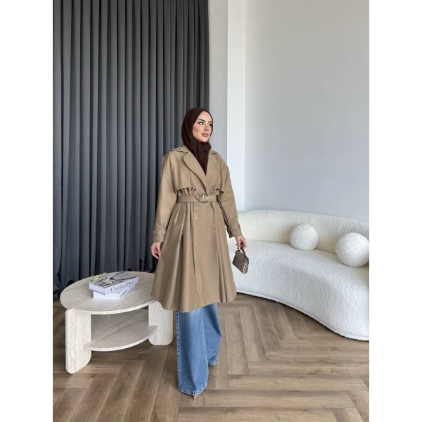 Dökümlü Trençkot - Camel