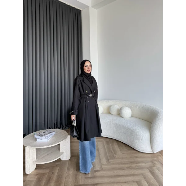 Dökümlü Trençkot - Siyah