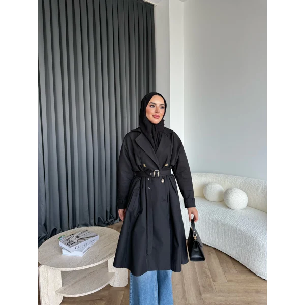 Dökümlü Trençkot - Siyah