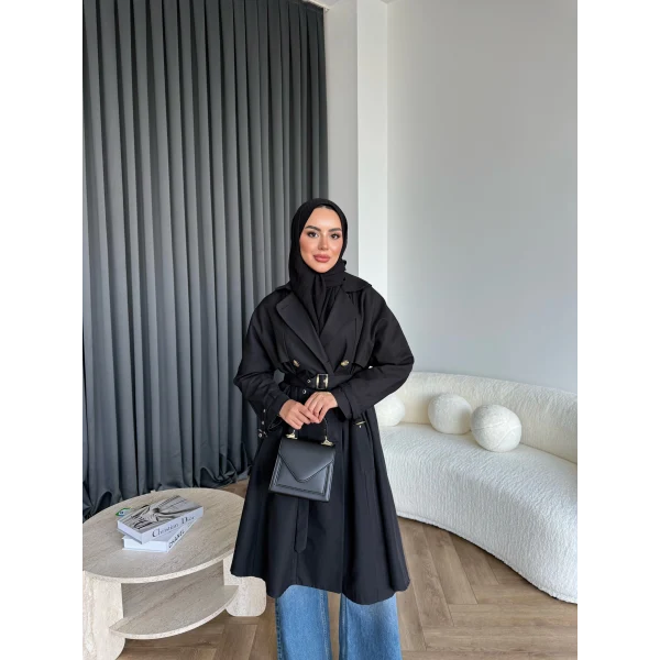 Dökümlü Trençkot - Siyah