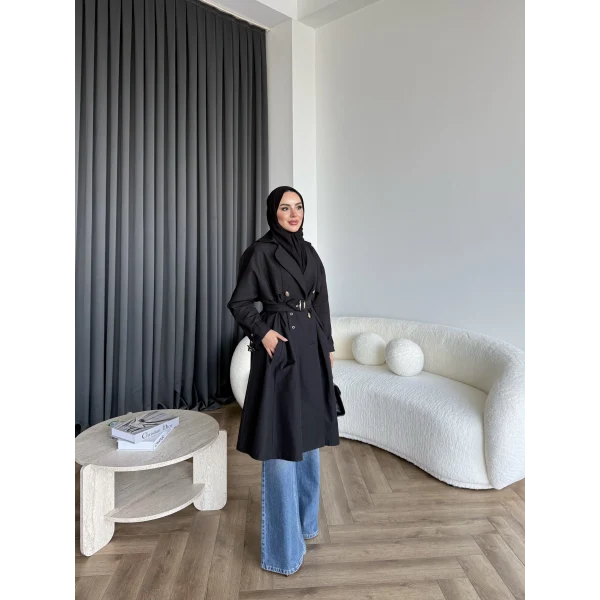 Dökümlü Trençkot - Siyah