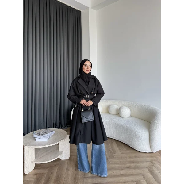 Dökümlü Trençkot - Siyah