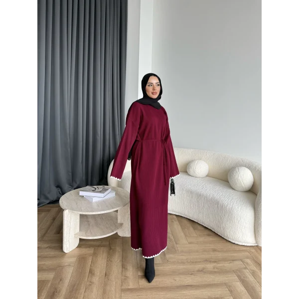 Doray Dantel Detaylı Elbise - Bordo