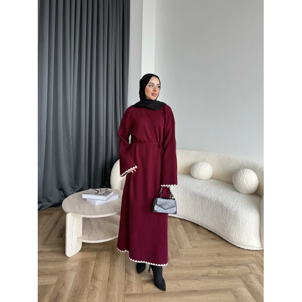 Doray Dantel Detaylı Elbise - Bordo