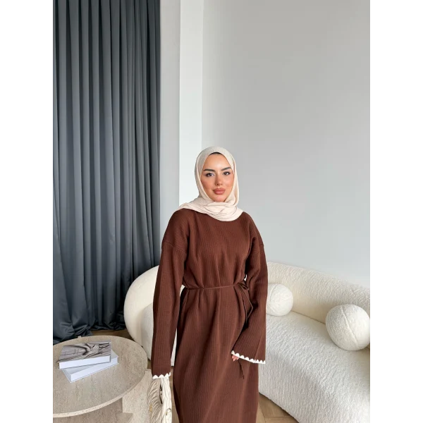 Doray Dantel Detaylı Elbise - Kahve