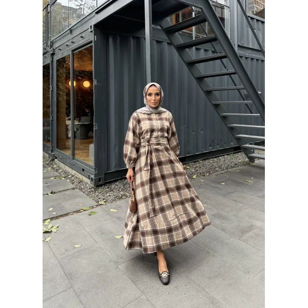 Doria Kareli Elbise - Acı Kahve