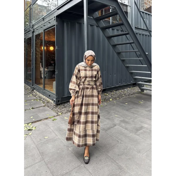 Doria Kareli Elbise - Acı Kahve