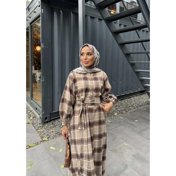 Doria Kareli Elbise - Acı Kahve