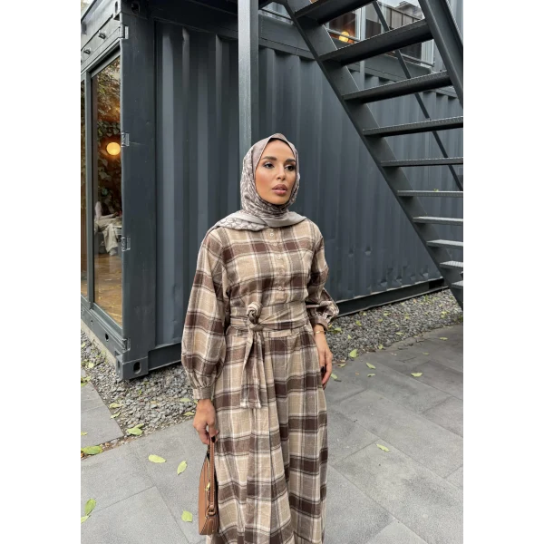 Doria Kareli Elbise - Acı Kahve