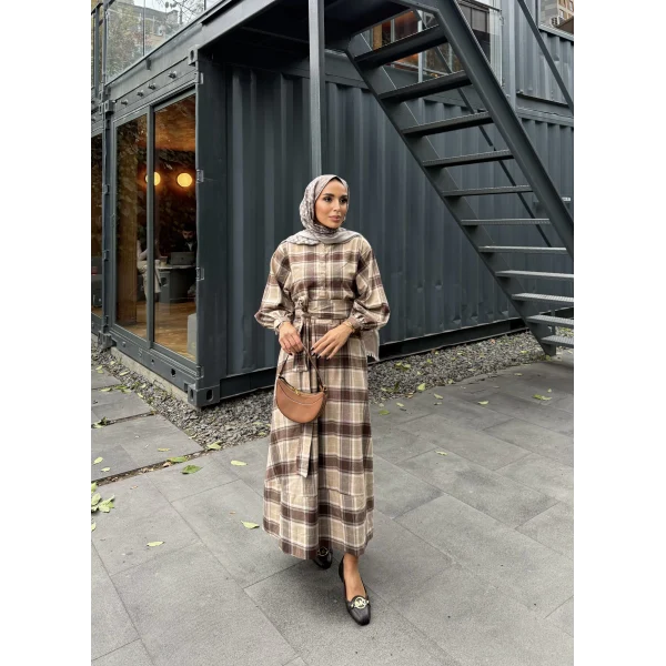 Doria Kareli Elbise - Acı Kahve