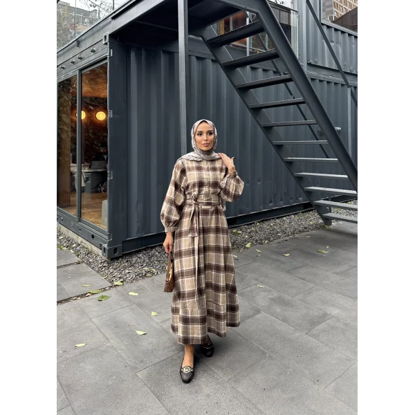 Doria Kareli Elbise - Acı Kahve