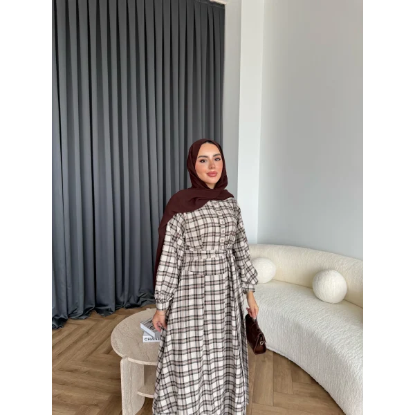 Doria Kareli Elbise - Bej