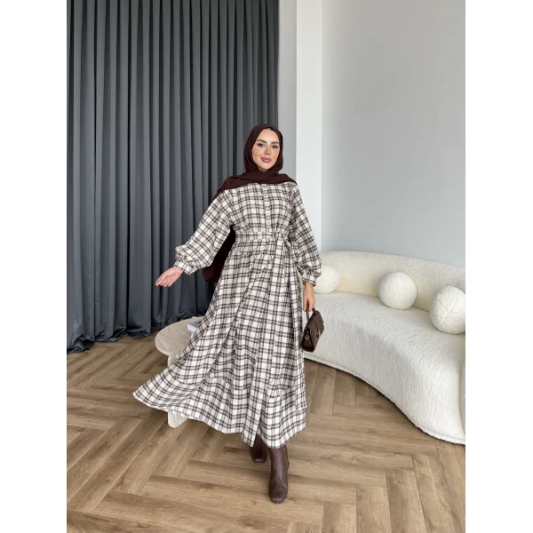 Doria Kareli Elbise - Bej