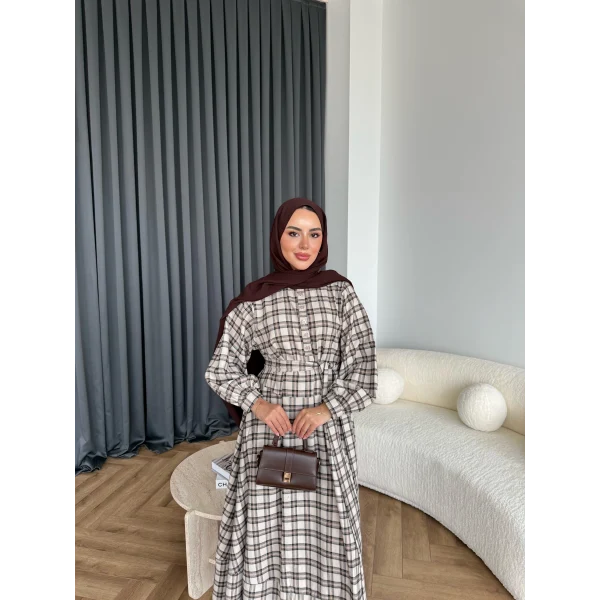 Doria Kareli Elbise - Bej