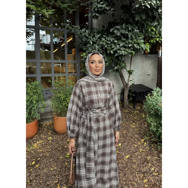 Doria Kareli Elbise - Kahve - ÖN SİPARİŞ