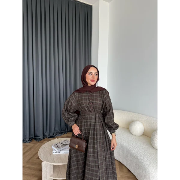 Doria Kareli Elbise - Koyu Kahve