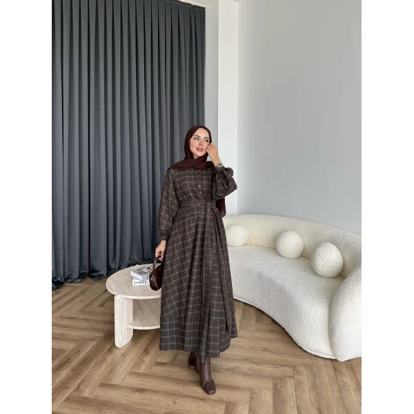 Doria Kareli Elbise - Koyu Kahve