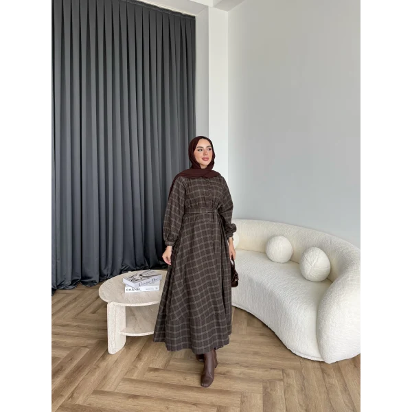 Doria Kareli Elbise - Koyu Kahve