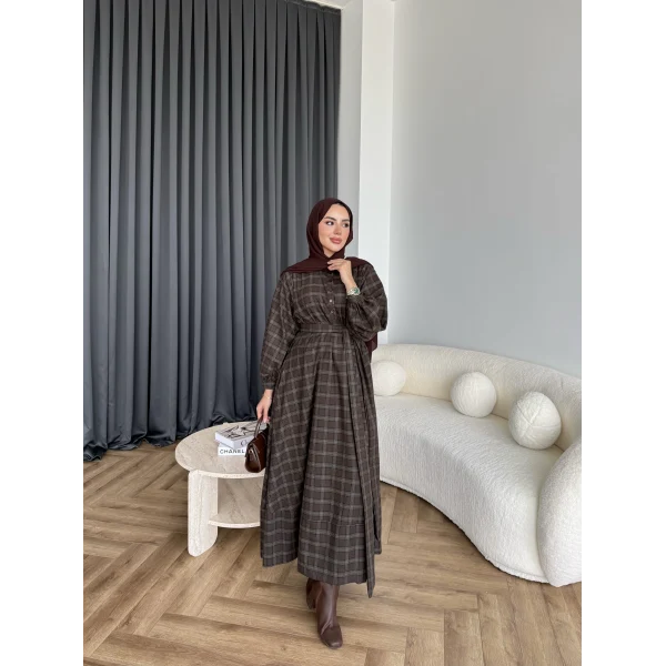 Doria Kareli Elbise - Koyu Kahve