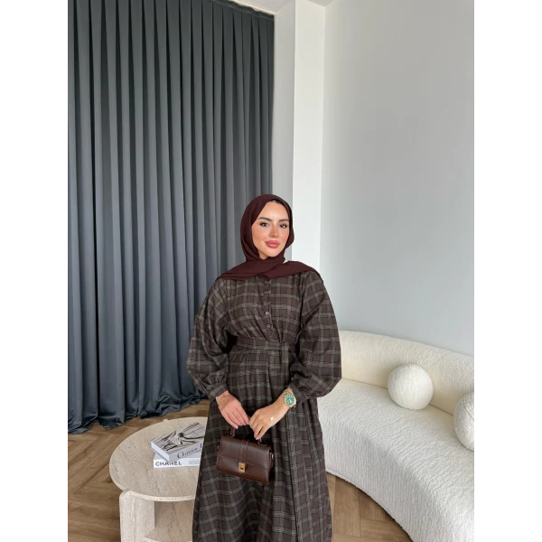 Doria Kareli Elbise - Koyu Kahve