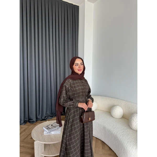 Doria Kareli Elbise - Koyu Kahve