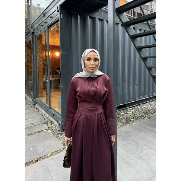Düğme Detaylı Scuba Elbise - Bordo