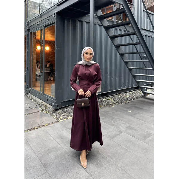 Düğme Detaylı Scuba Elbise - Bordo
