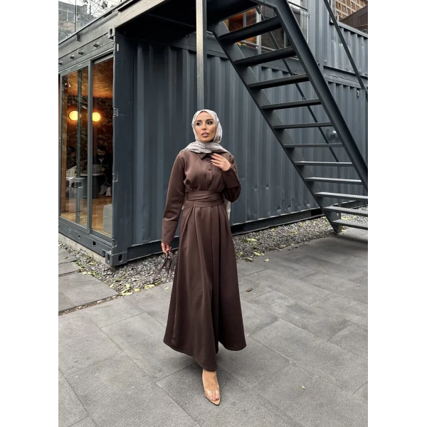 Düğme Detaylı Scuba Elbise - Kahve