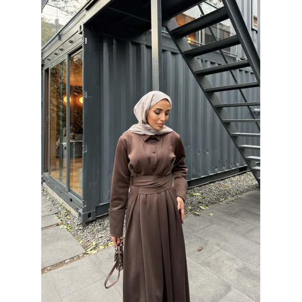 Düğme Detaylı Scuba Elbise - Kahve