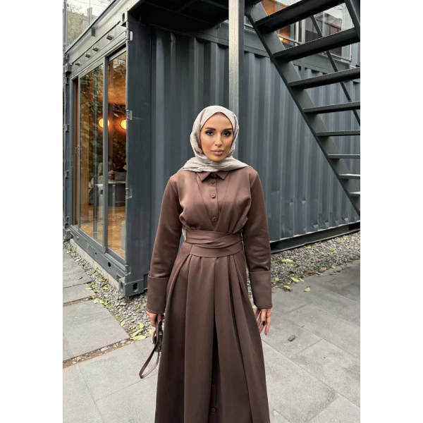 Düğme Detaylı Scuba Elbise - Kahve