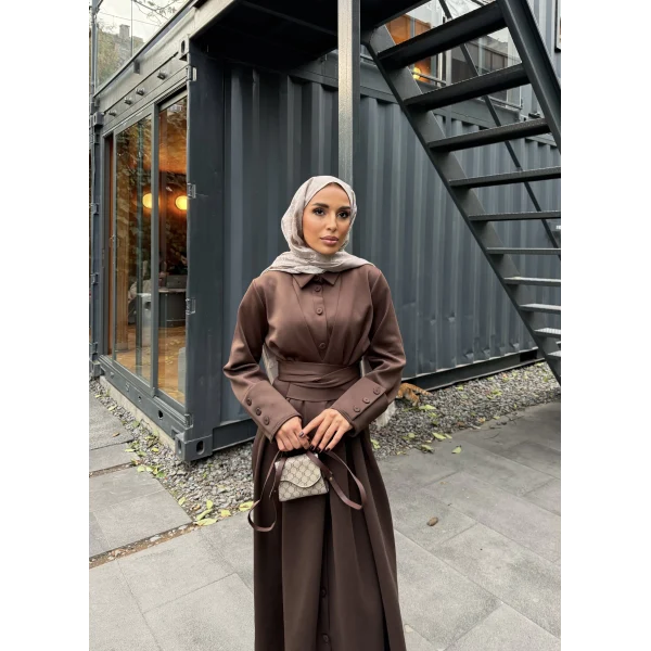 Düğme Detaylı Scuba Elbise - Kahve