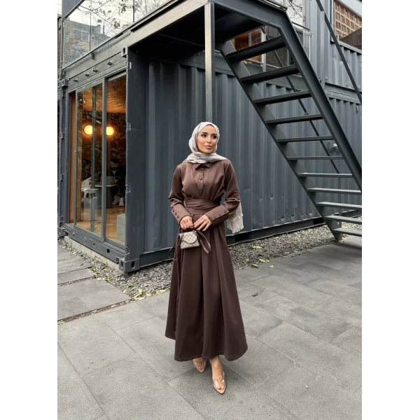 Düğme Detaylı Scuba Elbise - Kahve
