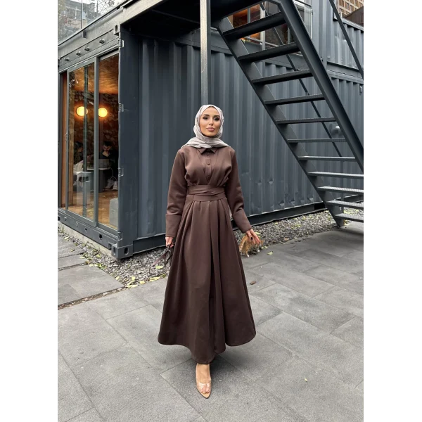 Düğme Detaylı Scuba Elbise - Kahve