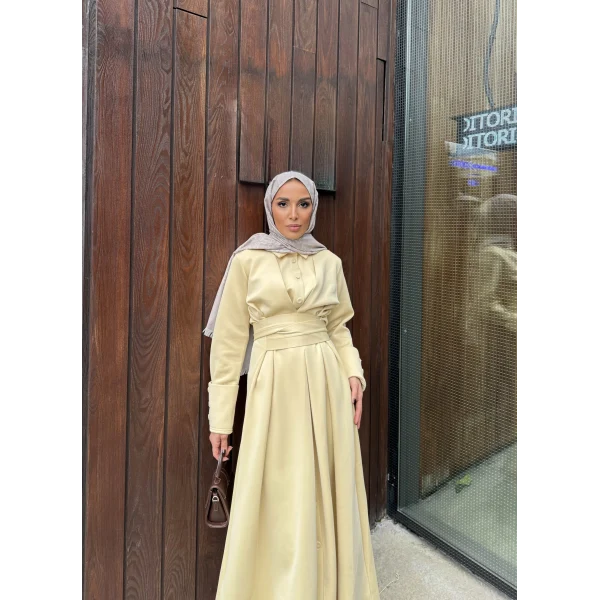 Düğme Detaylı Scuba Elbise - Sarı