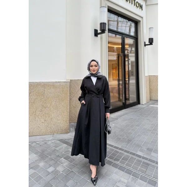 Düğmeli Anvelop Elbise - Siyah