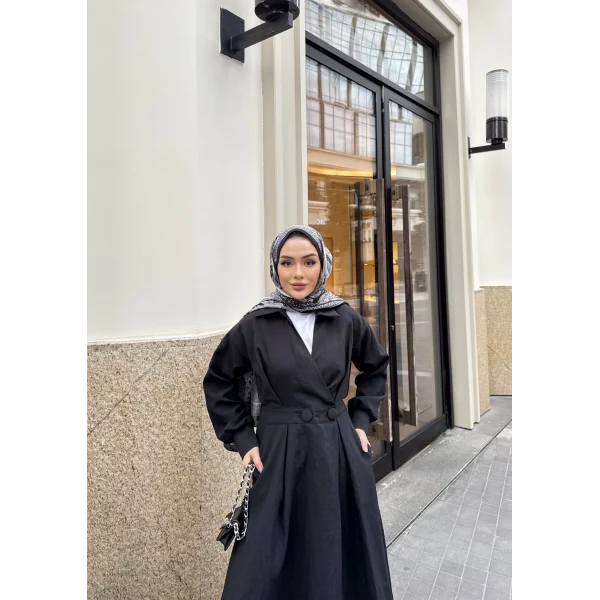 Düğmeli Anvelop Elbise - Siyah