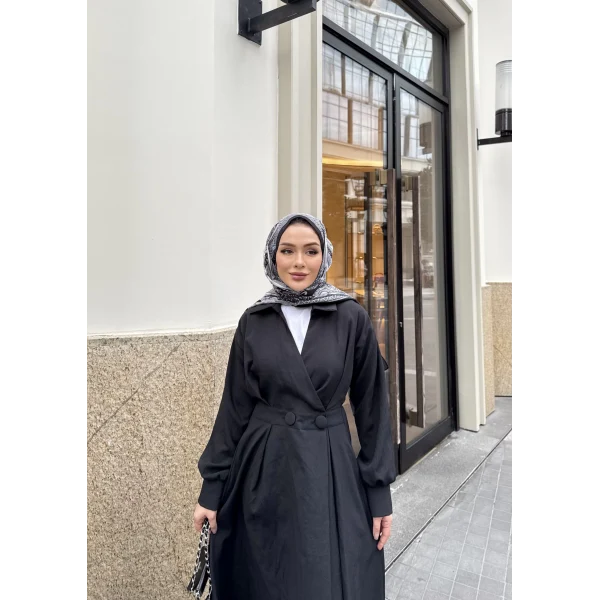 Düğmeli Anvelop Elbise - Siyah