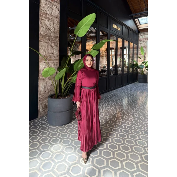 Düz Saten Etek - Bordo