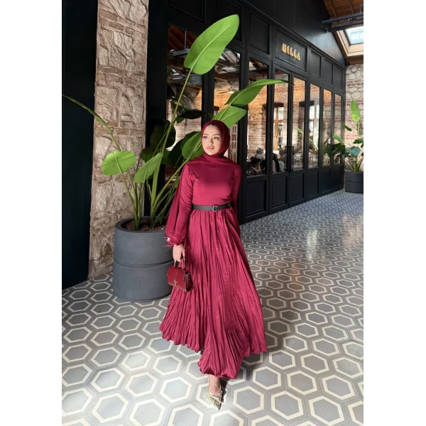 Düz Saten Etek - Bordo