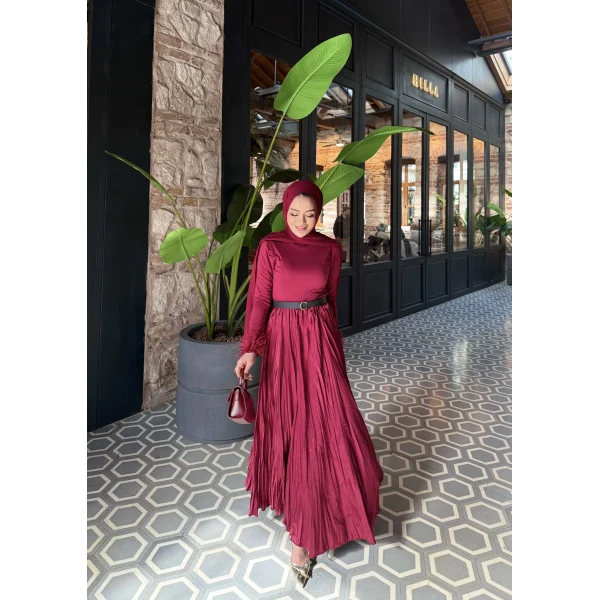 Düz Saten Etek - Bordo