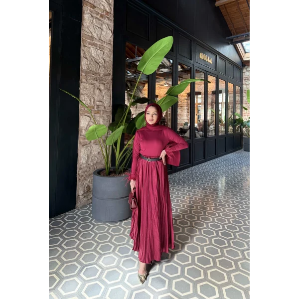 Düz Saten Etek - Bordo