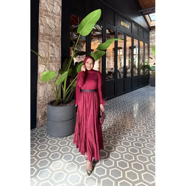 Düz Saten Etek - Bordo