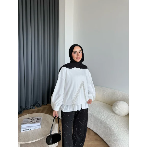 Ela Taş Detaylı Sweat - Beyaz